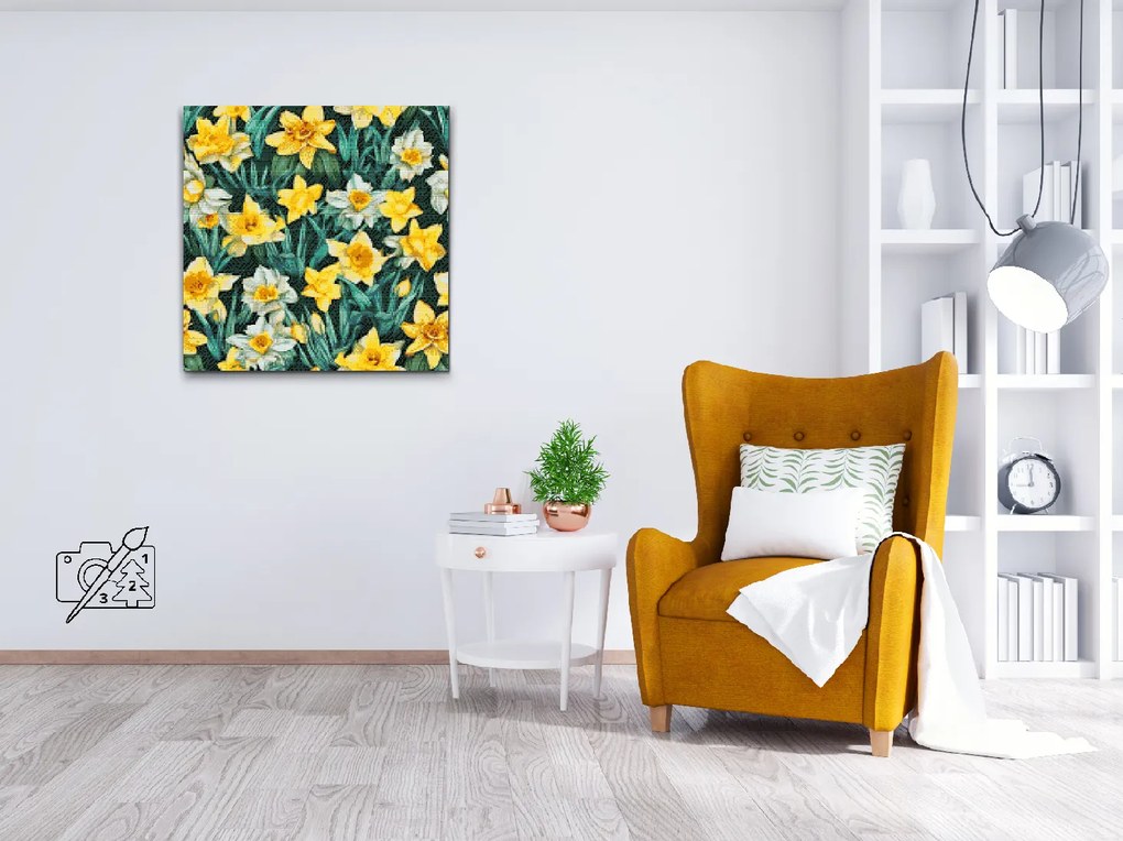 Gario Diamantové maľovanie Kvetinové pozadie Narcisy Rozmery: 50 x 50 cm, Rámovanie: Iba zrolované plátno, Diamanty: Okrúhle
