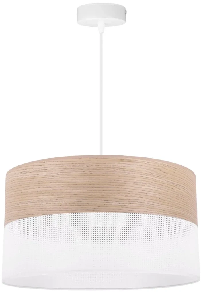 Závesné svietidlo Wood, 1x béžová dubová dýha/biele PVC tienidlo, (fi 40cm)