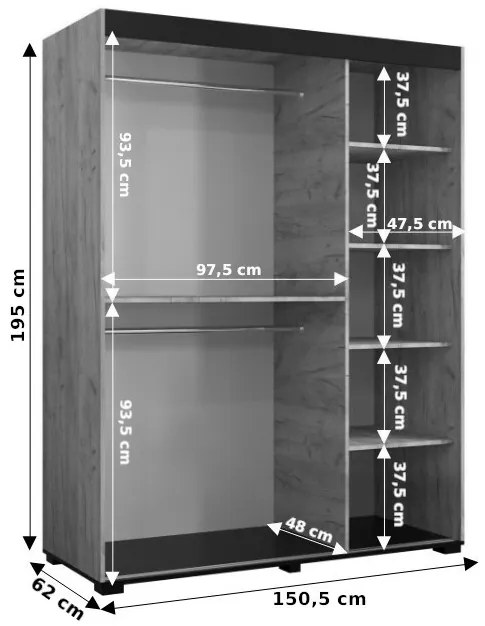 Šatníková skriňa 150 cm Bernard (dub craft zlatý + čierna). Vlastná spoľahlivá doprava až k Vám domov. 1063519