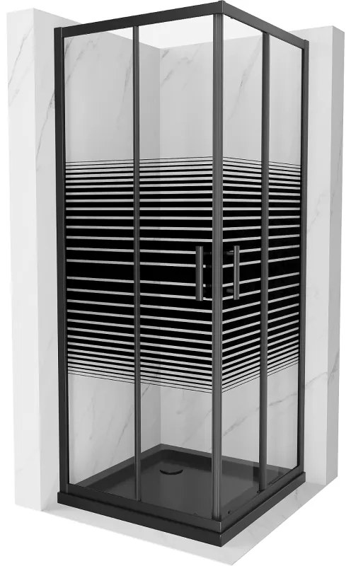 Mexen Rio, štvorcový sprchovací kút s posuvnými dverami 90(dvere) x 90(dvere) x 190 cm, 6mm číre sklo s pásikmi, čierny profil + čierna sprchová vanička SLIM, 860-090-090-70-20-4070B