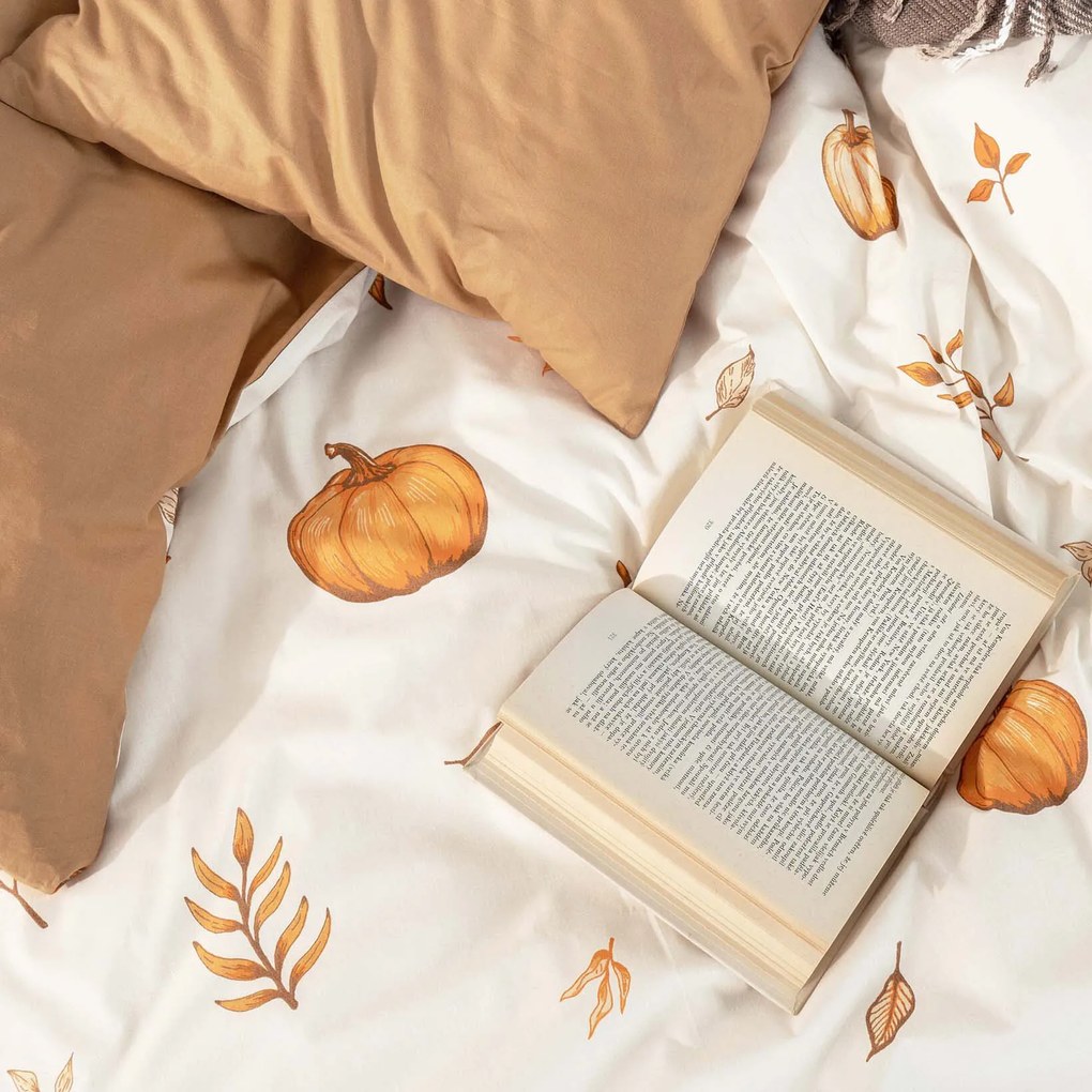 Goldea bavlnené posteľné obliečky duo - jesenné tekvice a lístky s hnedou 240 x 220 a 2ks 70 x 90 cm