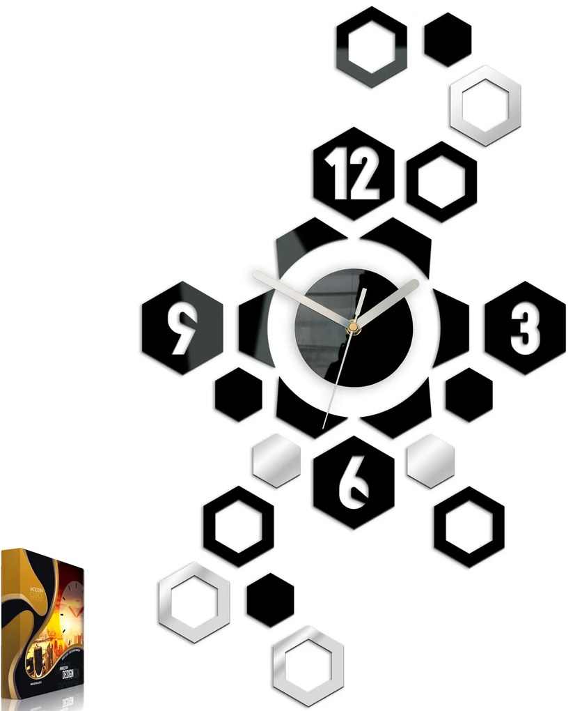3D nalepovacie hodiny Hexagon čierno-zrkadlové