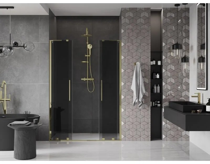 Mexen Velar L Duo, posuvné sprchové dvere do otvoru 150 cm, 8mm šedé sklo, zlatá lesklá, 871-150-003-42-50