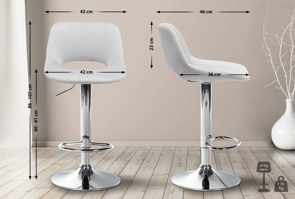 Barová stolička Camden - zamat, chróm rám - Svetlo sivá