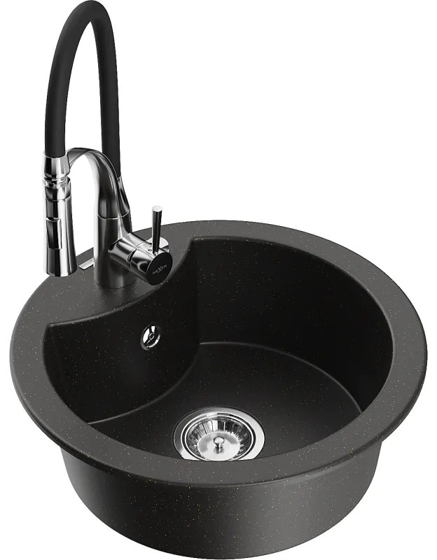 Mexen Diego, 1-komorový granitový drez 488x488x167 mm a drezová batéria Aster, čierna-zlatá metalíza, 6512-75-73450-70