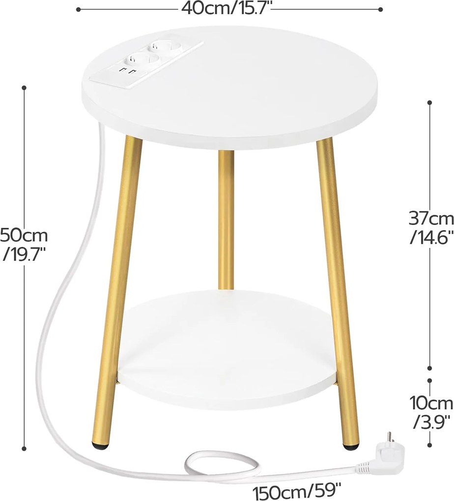 Okrúhly odkladací stolík Vasagle Luretta 40 cm s nabíjacou stanicou biely/zlatý