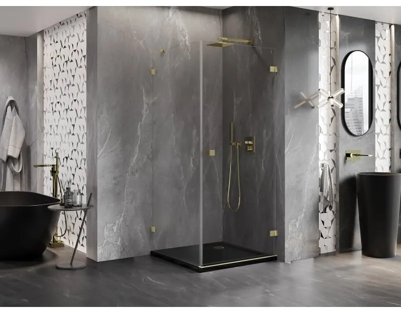 Mexen Lunar-B, pravostranný výklopný sprchový kút 80 x 80 cm, 8mm číre sklo, zlatý kartáčovaný - 832-080-080-55-00-P