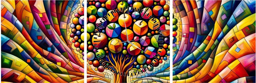 Obraz – Farebný strom s jablkami (s hodinami) (90x30 cm)