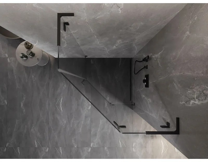 Mexen Lunar, L pravý výklopný päťuholníkový sprchový kút 80 x 80 cm, 8mm číre sklo, čierny profil, 831L-080P-080L-70-00-P
