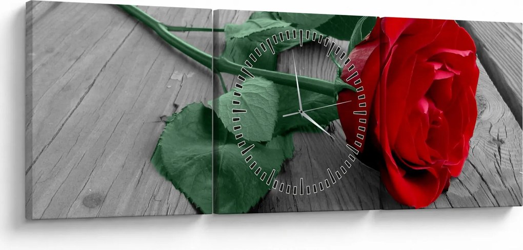 Obraz - Červená ruža so zelenou stonkou (s hodinami) (90x30 cm)