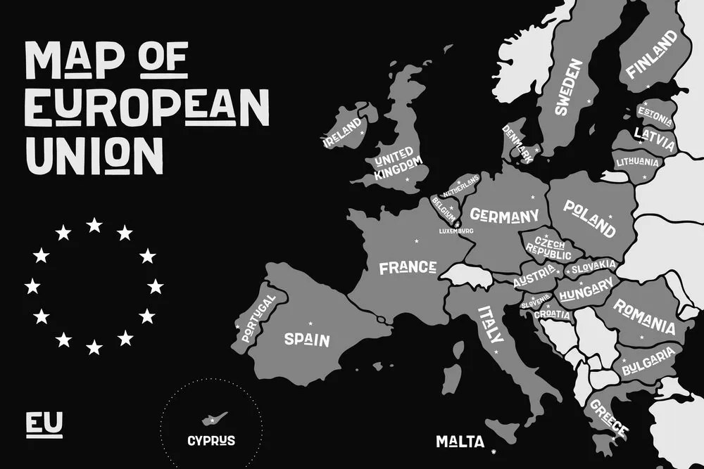 Obraz náučná mapa s názvami krajín európskej únie v čiernobielom prevedení Varianta: 120x80