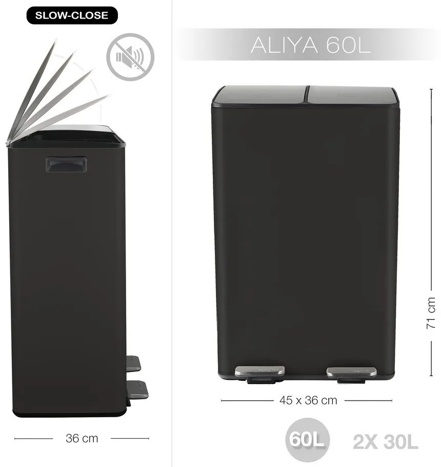 Matne čierny oceľový odpadkový kôš 2x30 l na triedený odpad/nášľapný Aliya – Spirella