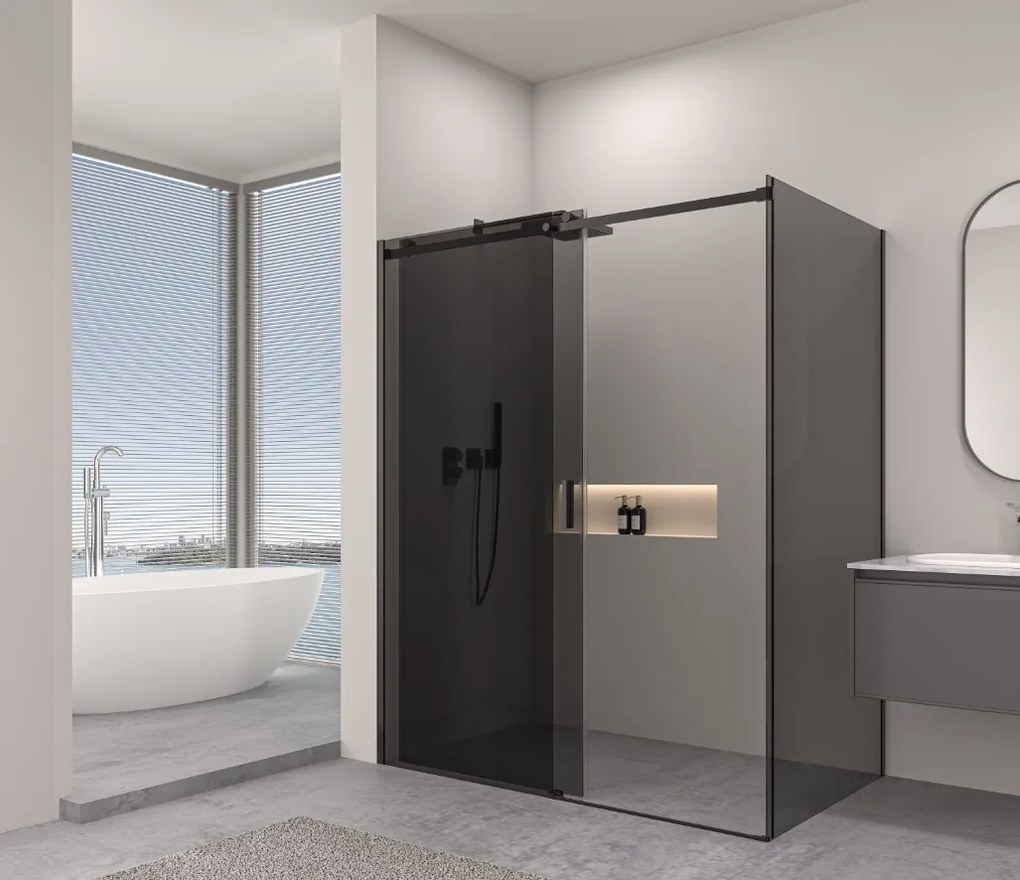 Erga Lynn, sprchový kút s posuvnými dverami 120(dvere) x 80(stena) x 195 cm, 8mm šedé sklo, čierny profil, ERG-V02-LYNN-D120G080-GR-BK