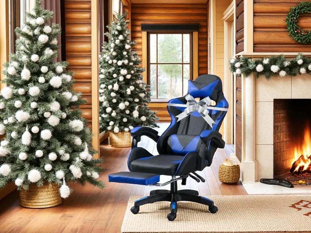 Kancelárska herná stolička s nastaviteľnou opierkou nôh - čierno-modrá