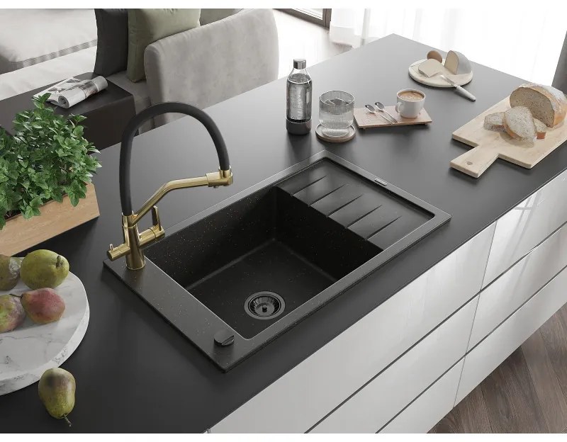 Mexen Elias, 1-komorový granitový drez 795x480x200 mm a drezová batéria Duo, čierna-zlatá metalíza, 6511-75-671701-57-B