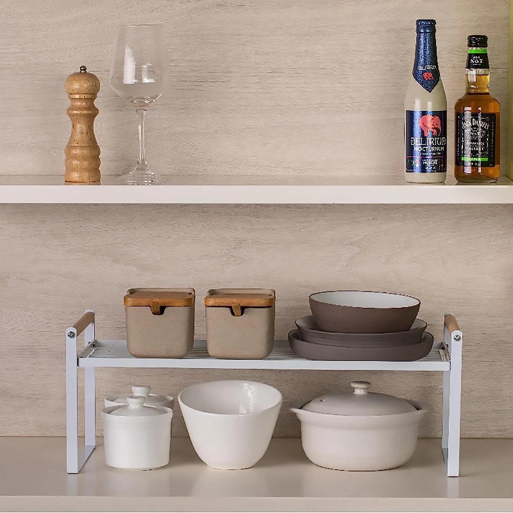Prídavná polica s drevenými úchytkami, odkvapkávač, biely kov MAISON XL - 52x21x20