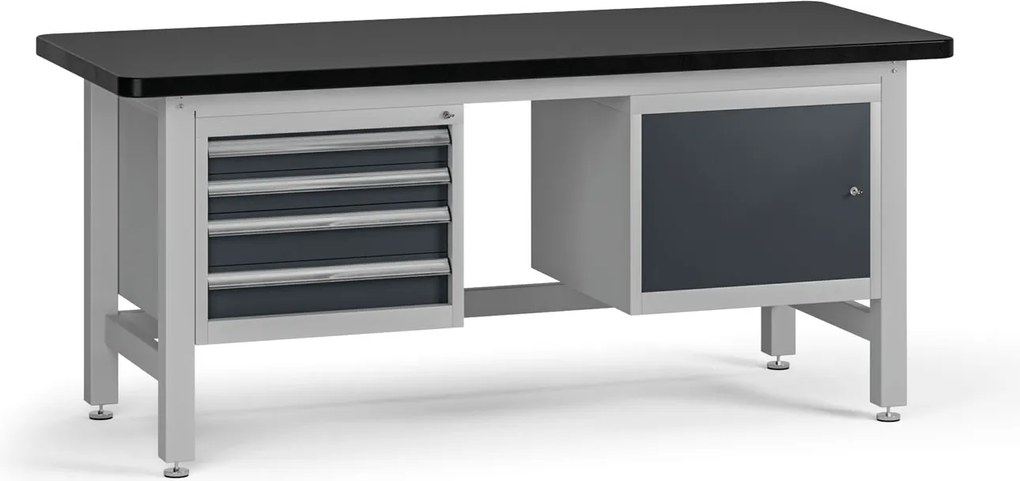 Pracovný stôl do dielne G4 so závesným boxom a skrinkou na náradie, MDF + PVC doska, 4 zásuvky, 1 skrinka, 1800 x 750 x 800 mm, grafit