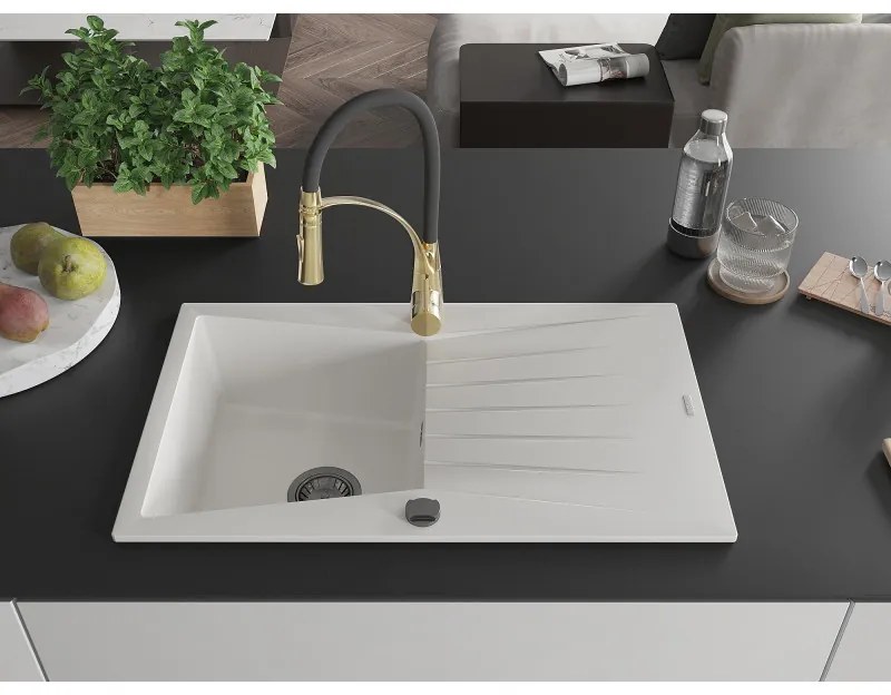 Mexen Cesar, 1-komorový granitový drez 775x470x190 mm a drezová batéria Aster, biela, 6514-20-73450-57-B