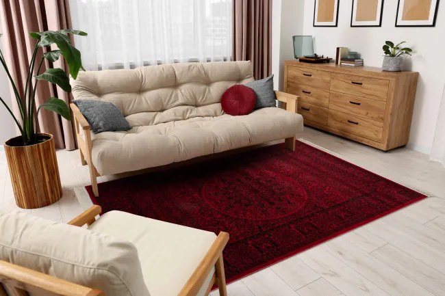 Koberec ORIENT 6039 so strapcami, rám / orientálny / rozeta, bordový / čierny