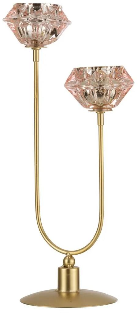 Zlatý kovový svietnik na 2 sviečky s ružovými svietniky - 18 * 12 * 37cm