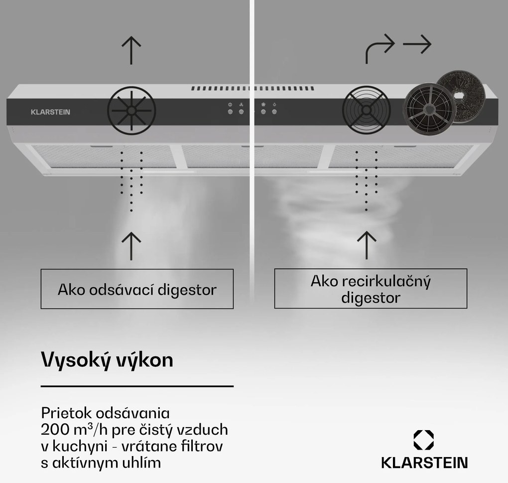 Klarstein Contempo 90, digestor, 90 cm, podskrinkový, 200 m³/h, LED, akryl, nehrdzavejúca oceľ