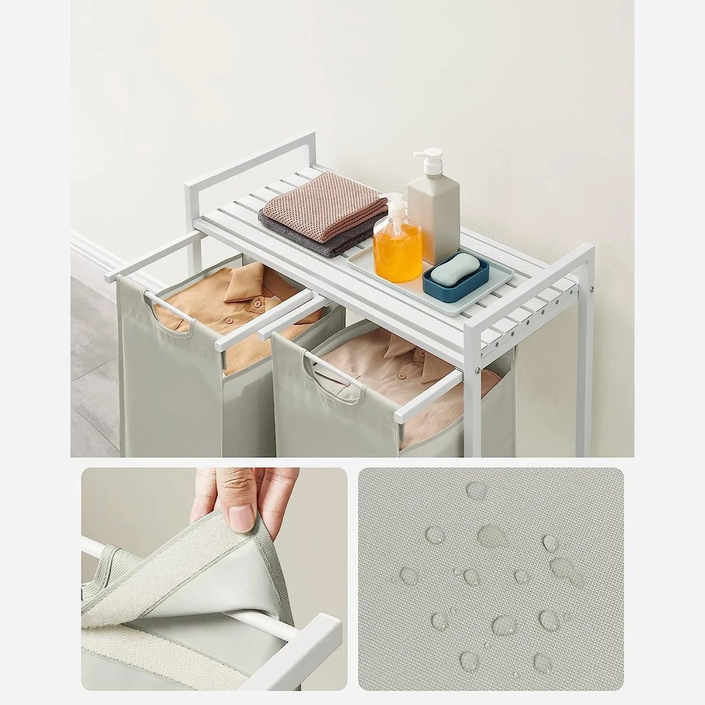 Kôš na bielizeň s 2 priehradkami, kovový rám, biela a sivá farba