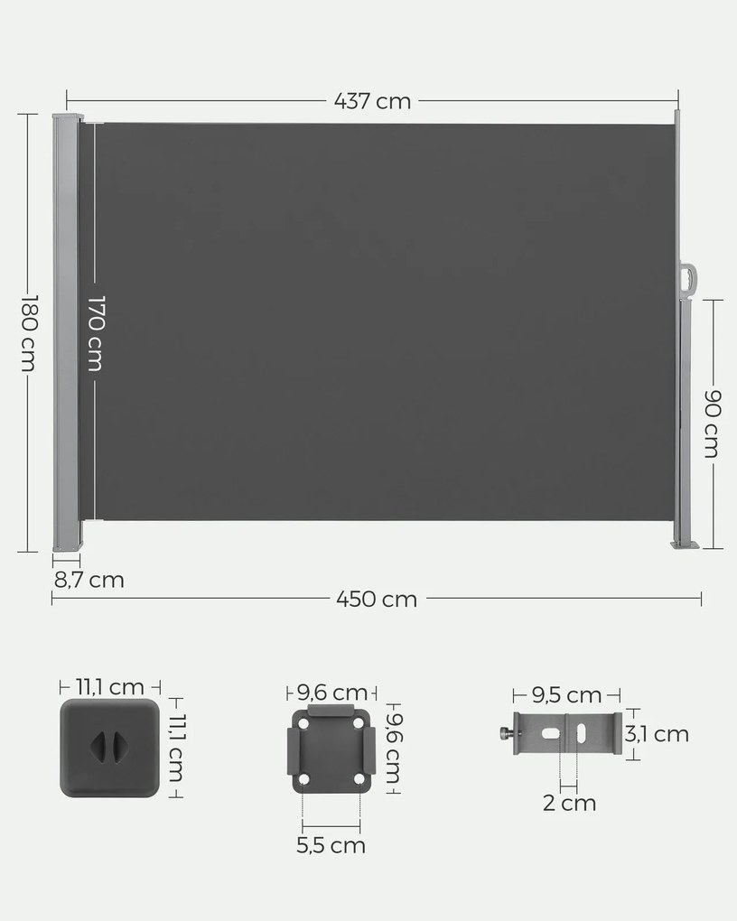 Bočná markíza HORIZON na terasu, 180x450cm, šedá SongmicsHome