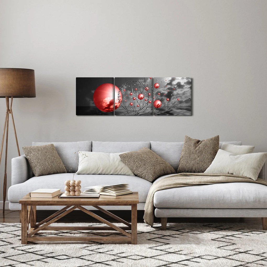 Obraz červených gulí (s hodinami) (90x30 cm)