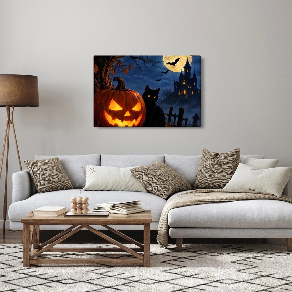 Obraz - Čierna mačka pri svietiacej tekvici na Halloween (90x60 cm)