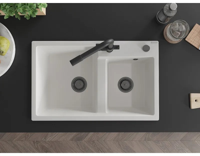 Mexen Tomas, granitový drez 800x500x190 mm, 2-komorový a čierna batéria Duero, biela, 6516-20-671600-70