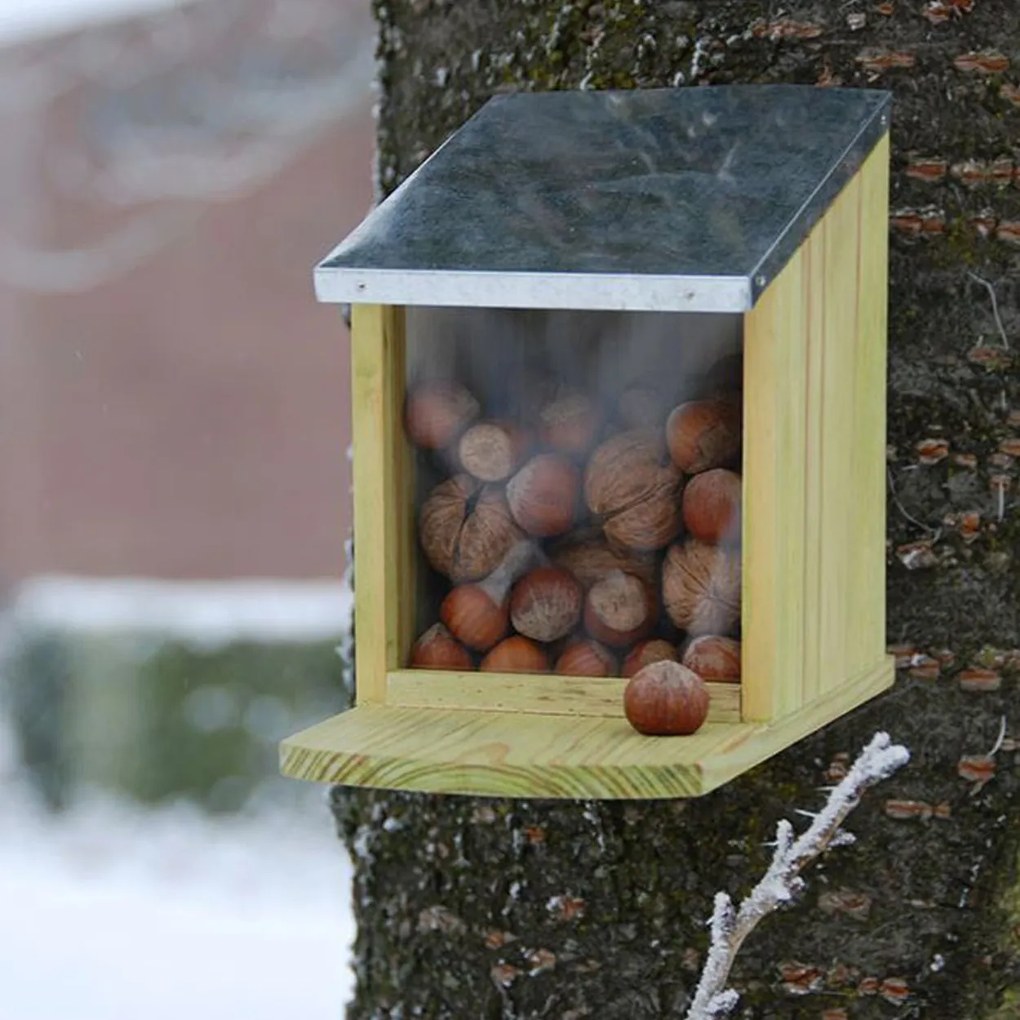 Kŕmidlo pre veveričky Ema, 19x12,5x25,5 cm, drevo/kov, hnedá