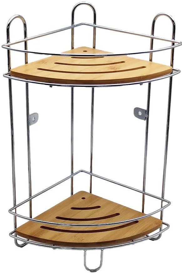 Rohová kúpeľňová polica, 2 úrovne, chróm-bambus