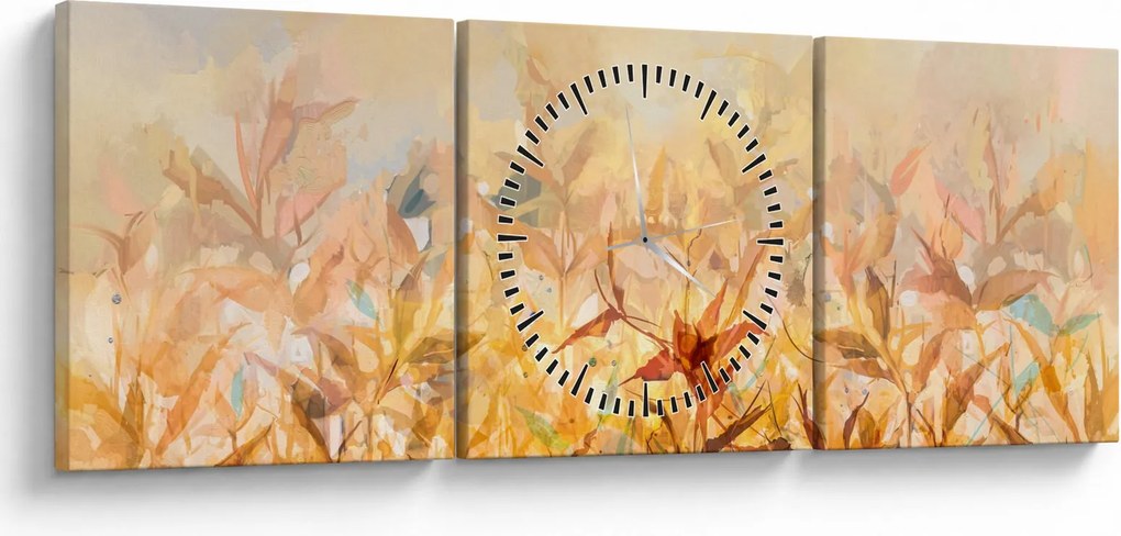 Obraz - Listy vo farbách jesene, olejomaľba (s hodinami) (90x30 cm)
