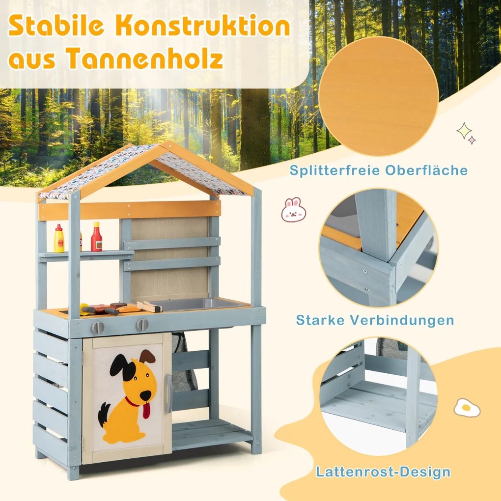 2-IN-1 bahenná kuchynka detská vonkajšia detská kuchynka drevená s taškou a košíkmi 75 x 34 x 111 cm Viacfarebná