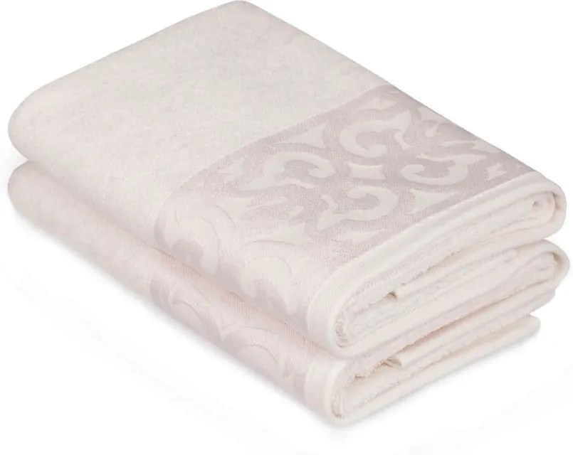 Sada 2 bielych bavlnených uterákov na ruky s krémovým lemovaním Grace, 50 × 90 cm