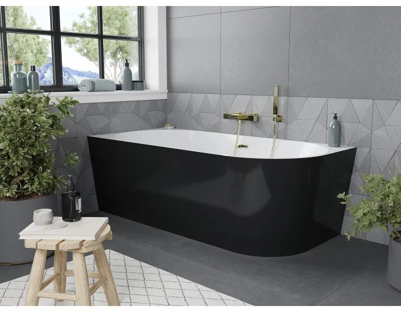 Mexen Mia, voľne stojaca rohová vaňa ľavá 140 x 75 cm, biela/čierna, zlatý lesklý prepad, 52691407575L-50