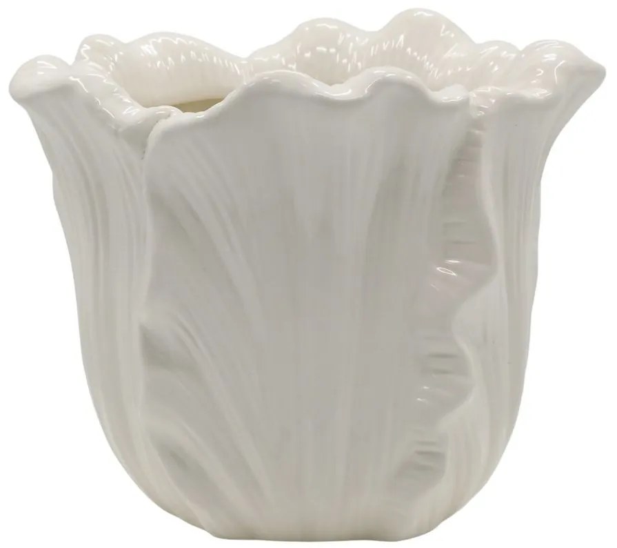 Krémový obal na kvetináč so vzorom listov Fayence - Ø 18*16 cm