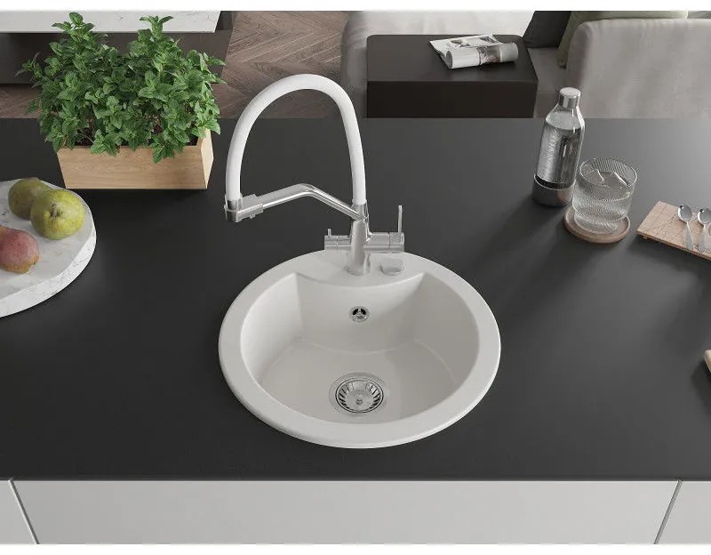 Mexen Diego, 1-komorový granitový drez 488x488x167 mm a drezová batéria Duo, biela, 6512-20-671701-02