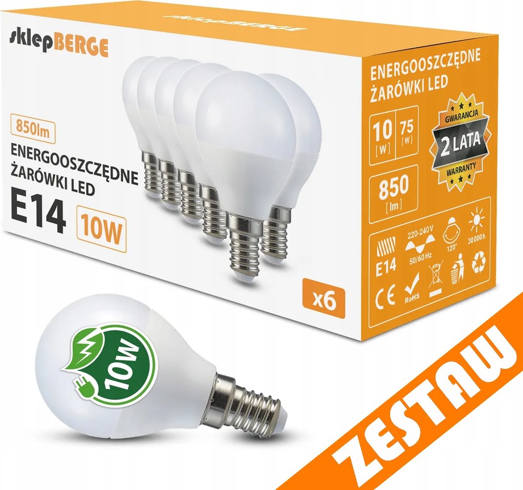 BERGE SADA 6x LED žiarovka E14 G45 10W 830lm - tepla biela