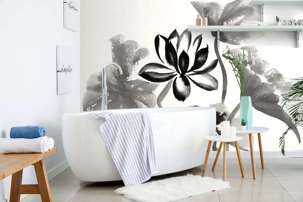 Samolepiaca tapeta čiernobiely lotosový kvet v akvarelovom prevedení
