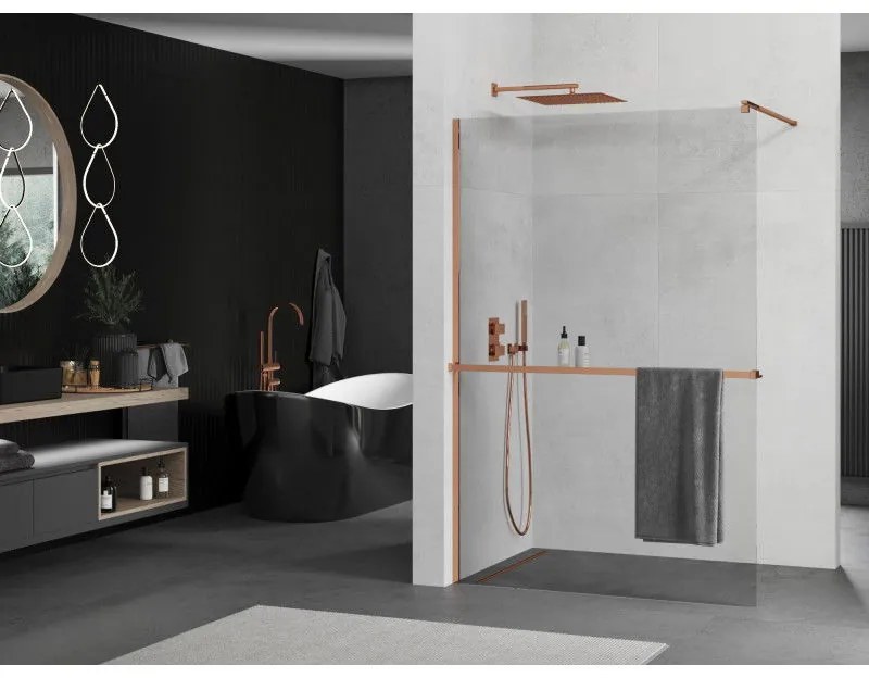 Mexen Kioto, sprchová zástena Walk-in s poličkou a vešiakom 95 x 200 cm, 8mm číre sklo, profil ružové zlato, 800-095-121-60-00