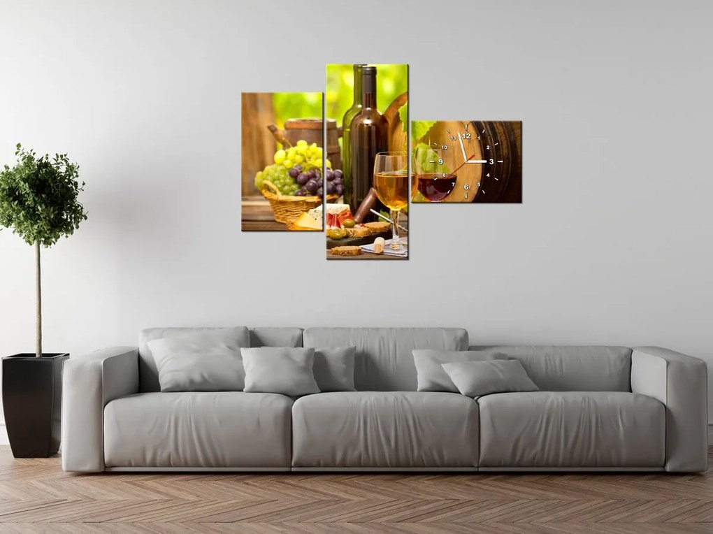 Gario Obraz s hodinami Červené a biele víno - 3 dielny Rozmery: 90 x 70 cm