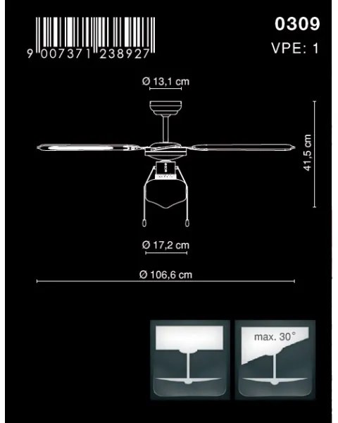 GLOBO 309 - Stropný ventilátor CHAMPION 1xE27/60W/230V