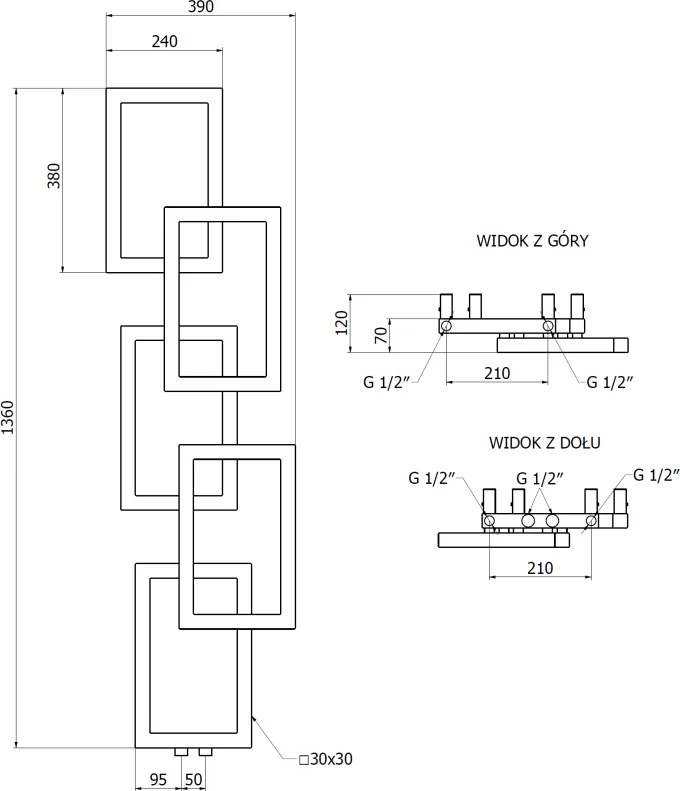Mexen Grid, dekoratívny kúpeľňový radiátor 1360 x 390 mm, 349 W, čierna, W215-1360-390-00-70