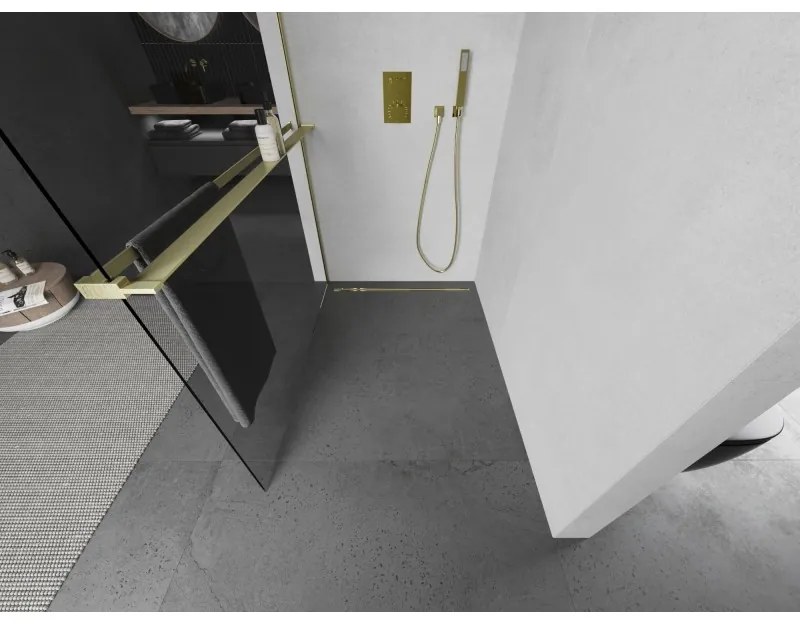 Mexen Kioto+ L, sprchová zástena Walk-In s poličkou a vešiakom 55 x 200 cm, 8mm číre sklo, zlatý matný profil, 800-055-123-55-00