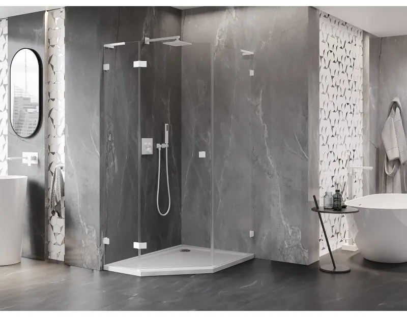 Mexen Lunar, L päťuholníkový sprchový kút naklápací doľava 90 x 100 cm, 8mm číre sklo, biely profil, 831L-090L-100P-20-00-L