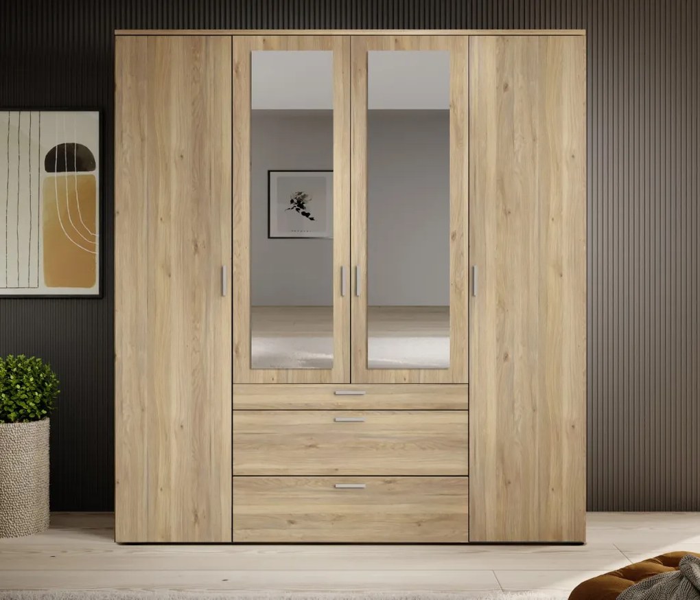 Šatníková skriňa so zrkadlami Vesala, 180 cm, dub mauvella