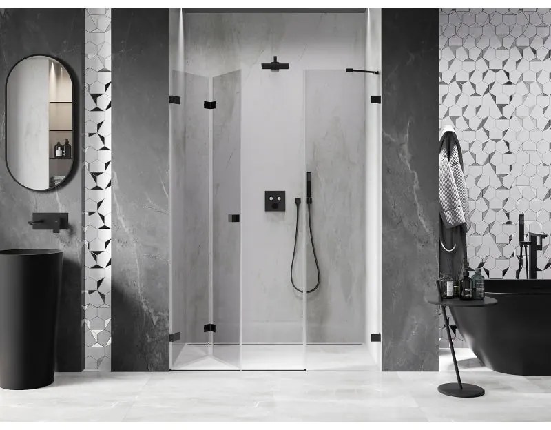 Mexen Lunar-F, skladacie ľavé sprchové dvere 125 cm, 8mm číre sklo, čierny matný profil, 836S-125-050-70-00-L