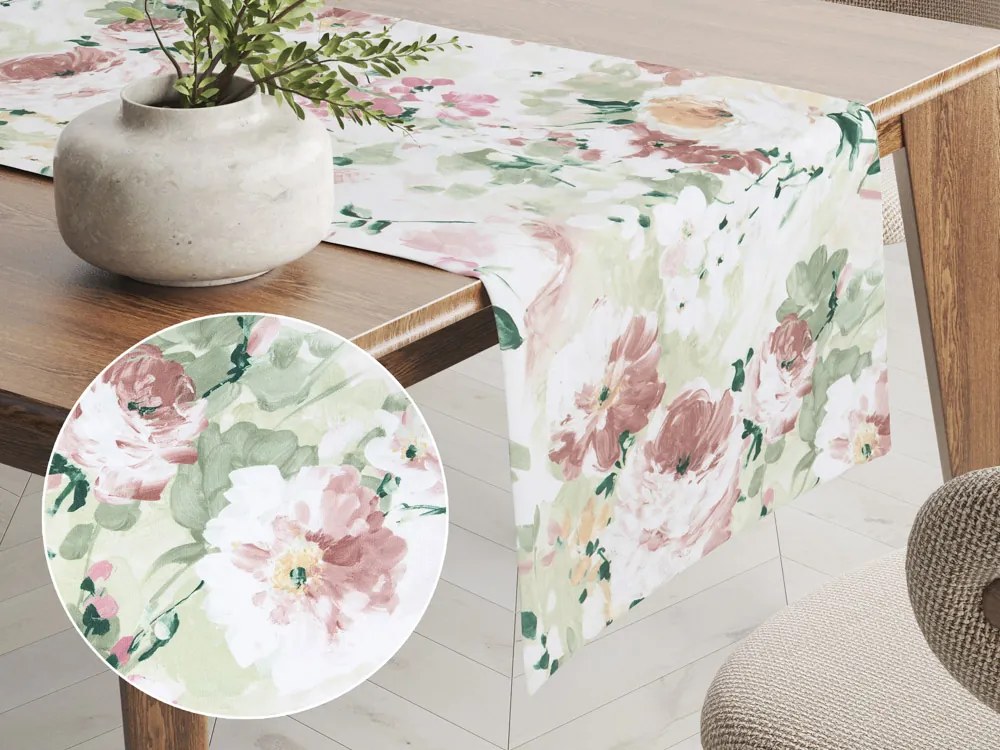 Biante Dekoračný behúň na stôl PM-018 Maľované kvety na zelenom 35x140 cm