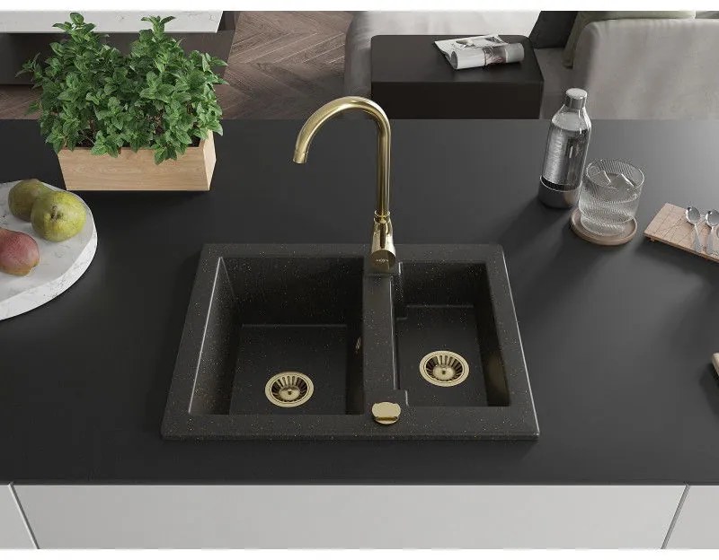 Mexen Carlos, granitový drez 582x475x177 mm, 1,5-komorový a zlatá drezová batéria Telma, čierna - zlatá metalíza, 6518-75-670200-50